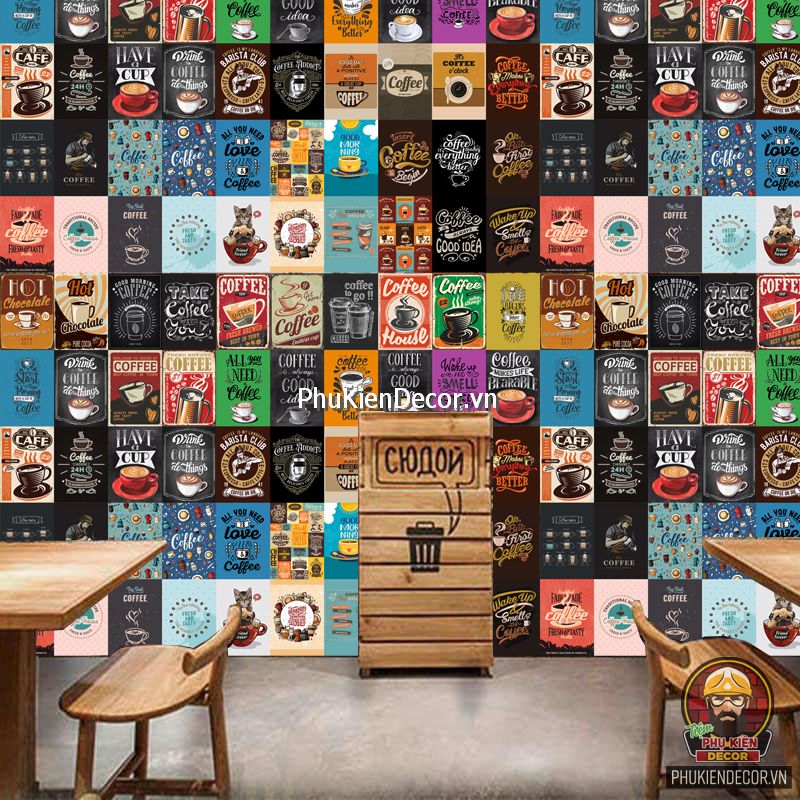 Decal dán tường, Stickers chủ đề COFFEE, trang trí Quán Cafe, Bia - Set đề can 50 tấm kích thước 20x30cm