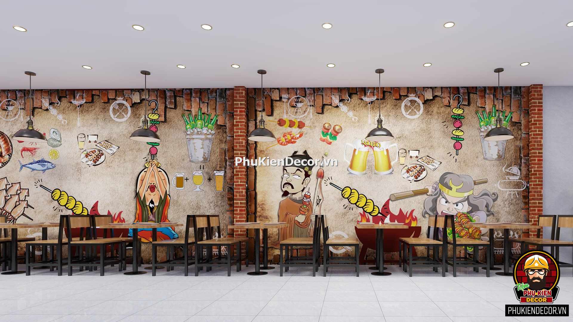 Decal tranh dán tường quán Ăn Vặt, Lẩu nướng, Xiên que Decal tranh dán tường quán Ăn Vặt, Lẩu nướng, Xiên que