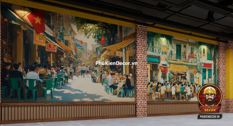 Thiết kế quán theo phong cách Hà Nội xưa Hình ảnh không gian quán được trang trí theo phong cách Hà Nội xưa với nội thất gỗ, đèn lồng, và tranh phố cổ đặc trưng.