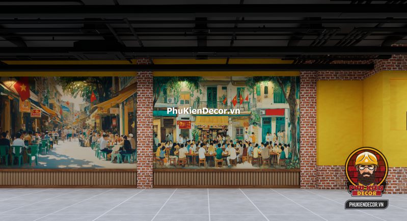 Thiết kế quán theo phong cách Hà Nội xưa Hình ảnh không gian quán được trang trí theo phong cách Hà Nội xưa với nội thất gỗ, đèn lồng, và tranh phố cổ đặc trưng.
