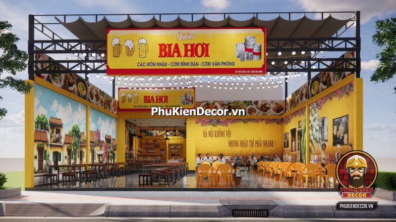 Decor quán nhậu Hà Nội Gợi ý trang trí quán bia hơi xưa với bàn gỗ dài, bảng thực đơn viết tay và tranh dán tường Hà Nội thập niên 80.