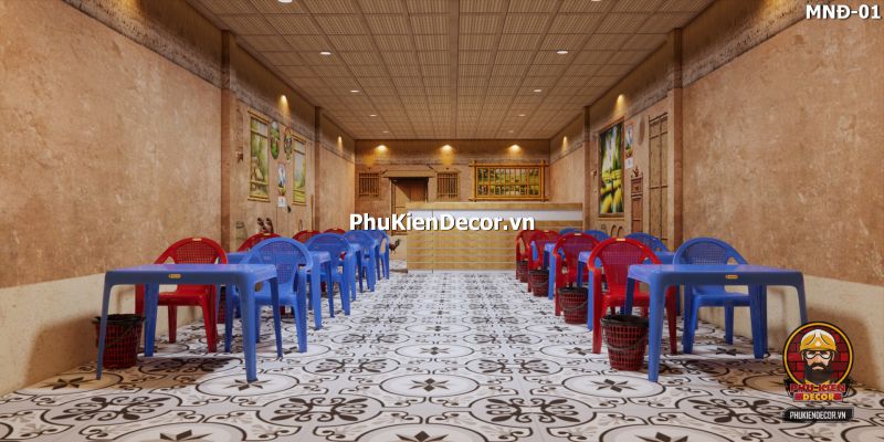 Mẫu thiết kế quán ăn dân dã sử dụng tranh dán tường vách đất đá Mẫu thiết kế quán ăn dân dã sử dụng tranh dán tường vách đất đá