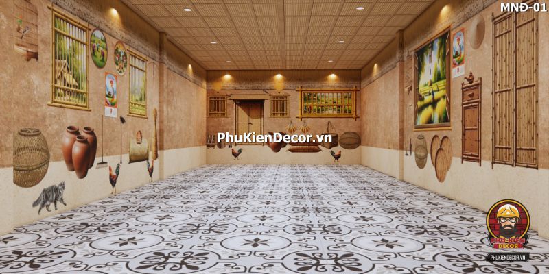 Mẫu thiết kế quán ăn dân dã sử dụng tranh dán tường vách đất đá Mẫu thiết kế quán ăn dân dã sử dụng tranh dán tường vách đất đá