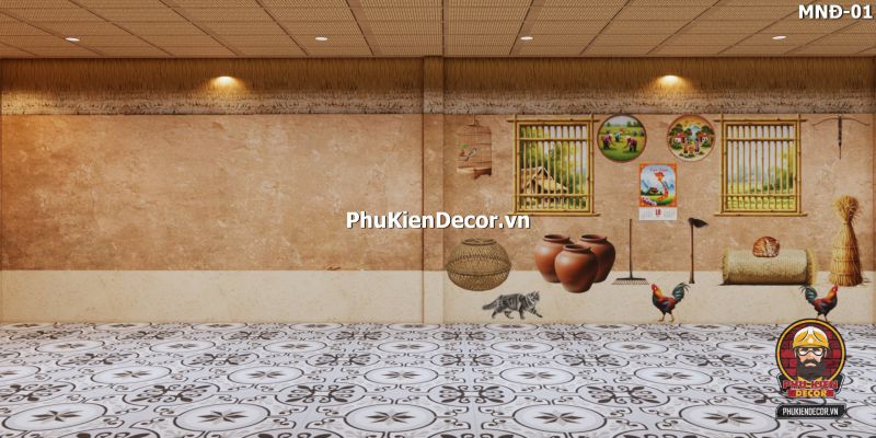 Mẫu thiết kế quán ăn dân dã sử dụng tranh dán tường vách đất đá Mẫu thiết kế quán ăn dân dã sử dụng tranh dán tường vách đất đá