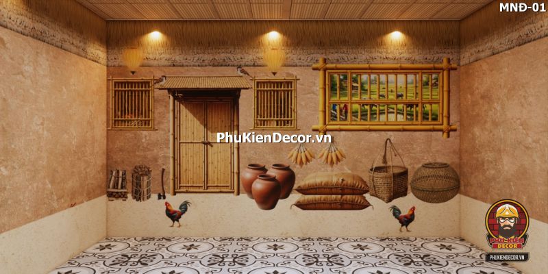 Mẫu thiết kế quán ăn dân dã sử dụng tranh dán tường vách đất đá Mẫu thiết kế quán ăn dân dã sử dụng tranh dán tường vách đất đá