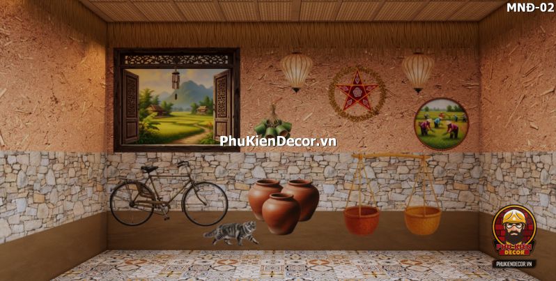 Mẫu thiết kế quán ăn dân dã sử dụng tranh dán tường vách đất đá Mẫu thiết kế quán ăn dân dã sử dụng tranh dán tường vách đất đá