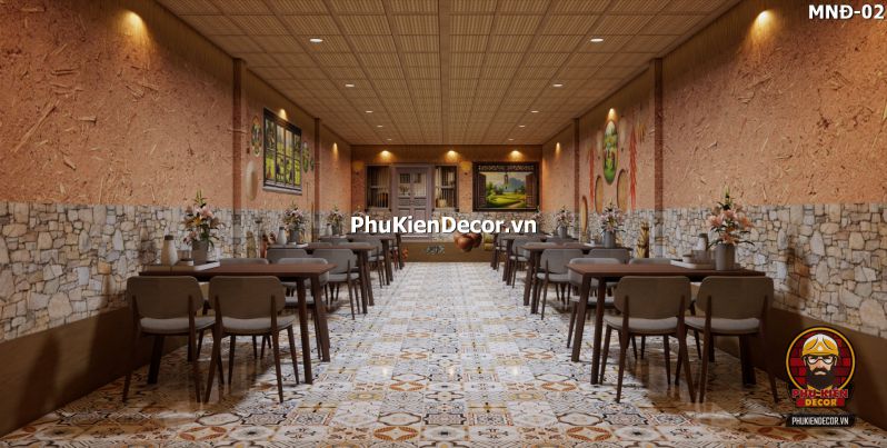 Mẫu thiết kế quán ăn dân dã sử dụng tranh dán tường vách đất đá Mẫu thiết kế quán ăn dân dã sử dụng tranh dán tường vách đất đá