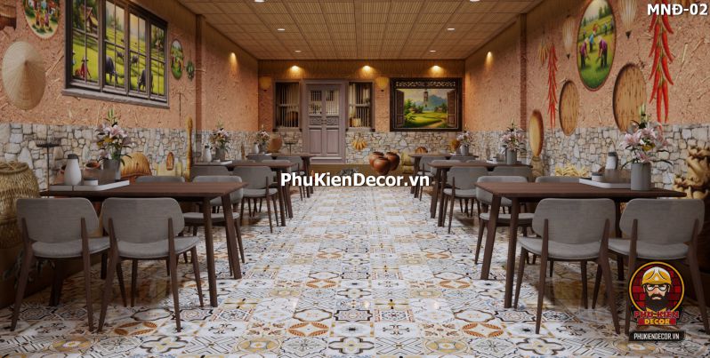 Mẫu thiết kế quán ăn dân dã sử dụng tranh dán tường vách đất đá Mẫu thiết kế quán ăn dân dã sử dụng tranh dán tường vách đất đá