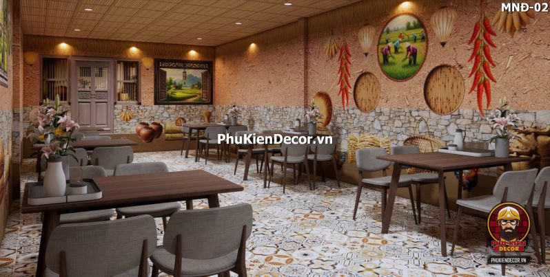 Mẫu thiết kế quán ăn dân dã sử dụng tranh dán tường vách đất đá Mẫu thiết kế quán ăn dân dã sử dụng tranh dán tường vách đất đá
