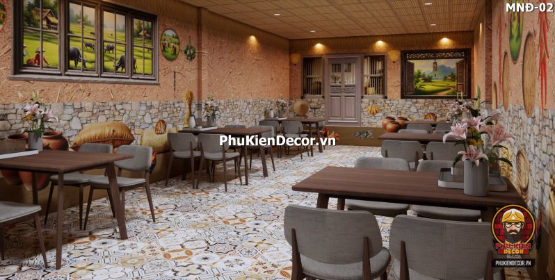 Mẫu thiết kế quán ăn dân dã sử dụng tranh dán tường vách đất đá Mẫu thiết kế quán ăn dân dã sử dụng tranh dán tường vách đất đá