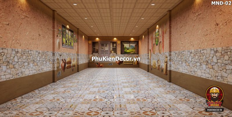 Mẫu thiết kế quán ăn dân dã sử dụng tranh dán tường vách đất đá Mẫu thiết kế quán ăn dân dã sử dụng tranh dán tường vách đất đá