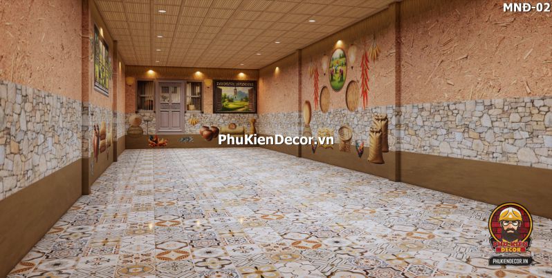 Mẫu thiết kế quán ăn dân dã sử dụng tranh dán tường vách đất đá Mẫu thiết kế quán ăn dân dã sử dụng tranh dán tường vách đất đá