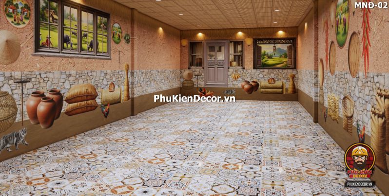 Mẫu thiết kế quán ăn dân dã sử dụng tranh dán tường vách đất đá Mẫu thiết kế quán ăn dân dã sử dụng tranh dán tường vách đất đá