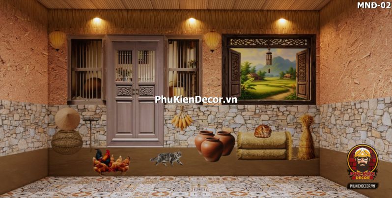 Mẫu thiết kế quán ăn dân dã sử dụng tranh dán tường vách đất đá Mẫu thiết kế quán ăn dân dã sử dụng tranh dán tường vách đất đá