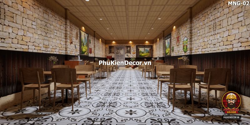 Mẫu thiết kế quán ăn dân dã sử dụng tranh dán tường vách đất đá Mẫu thiết kế quán ăn dân dã sử dụng tranh dán tường vách đất đá