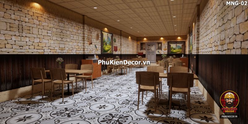Mẫu thiết kế quán ăn dân dã sử dụng tranh dán tường vách đất đá Mẫu thiết kế quán ăn dân dã sử dụng tranh dán tường vách đất đá