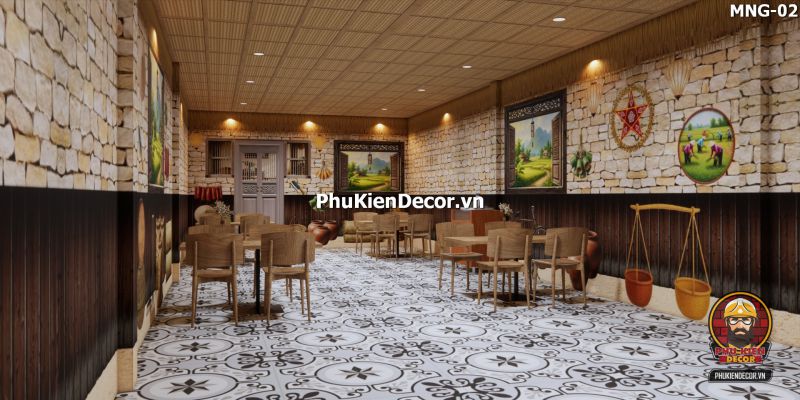 Mẫu thiết kế quán ăn dân dã sử dụng tranh dán tường vách đất đá Mẫu thiết kế quán ăn dân dã sử dụng tranh dán tường vách đất đá