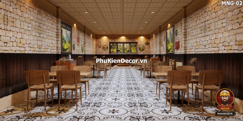 Mẫu thiết kế quán ăn dân dã sử dụng tranh dán tường vách đất đá Mẫu thiết kế quán ăn dân dã sử dụng tranh dán tường vách đất đá