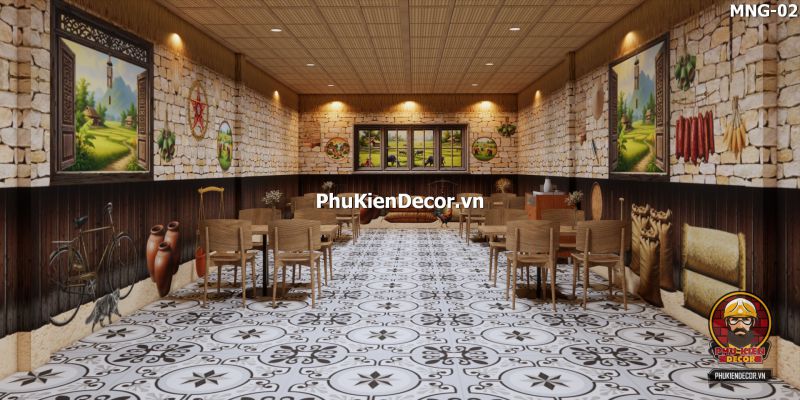 Mẫu thiết kế quán ăn dân dã sử dụng tranh dán tường vách đất đá Mẫu thiết kế quán ăn dân dã sử dụng tranh dán tường vách đất đá