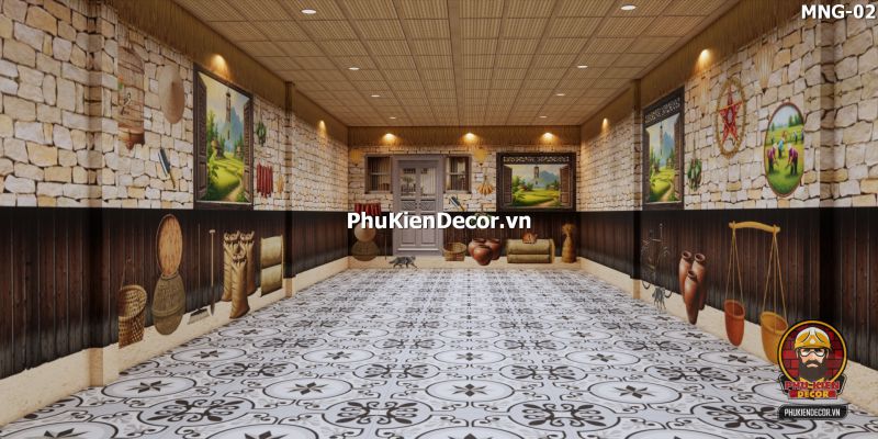 Mẫu thiết kế quán ăn dân dã sử dụng tranh dán tường vách đất đá Mẫu thiết kế quán ăn dân dã sử dụng tranh dán tường vách đất đá