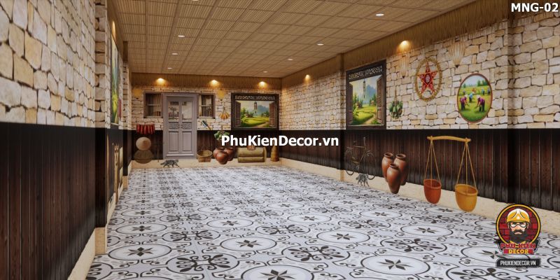 Mẫu thiết kế quán ăn dân dã sử dụng tranh dán tường vách đất đá Mẫu thiết kế quán ăn dân dã sử dụng tranh dán tường vách đất đá