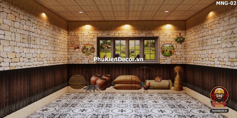 Mẫu thiết kế quán ăn dân dã sử dụng tranh dán tường vách đất đá Mẫu thiết kế quán ăn dân dã sử dụng tranh dán tường vách đất đá