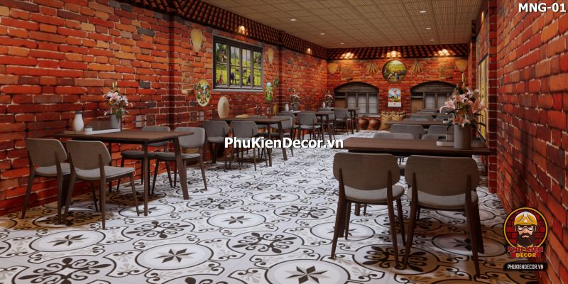 Mẫu thiết kế quán ăn dân dã sử dụng tranh dán tường vách đất đá Mẫu thiết kế quán ăn dân dã sử dụng tranh dán tường vách đất đá