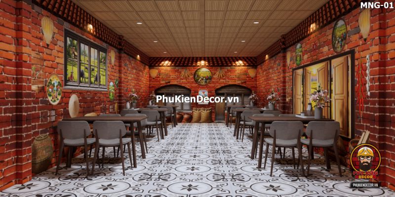 Mẫu thiết kế quán ăn dân dã sử dụng tranh dán tường vách đất đá Mẫu thiết kế quán ăn dân dã sử dụng tranh dán tường vách đất đá