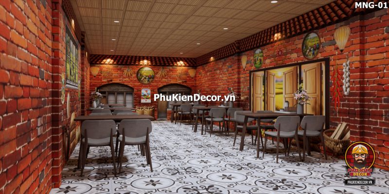 Mẫu thiết kế quán ăn dân dã sử dụng tranh dán tường vách đất đá Mẫu thiết kế quán ăn dân dã sử dụng tranh dán tường vách đất đá