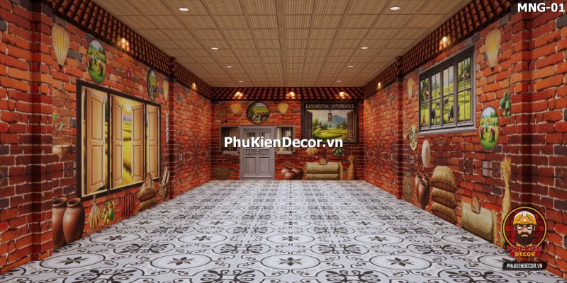 Mẫu thiết kế quán ăn dân dã sử dụng tranh dán tường vách đất đá Mẫu thiết kế quán ăn dân dã sử dụng tranh dán tường vách đất đá