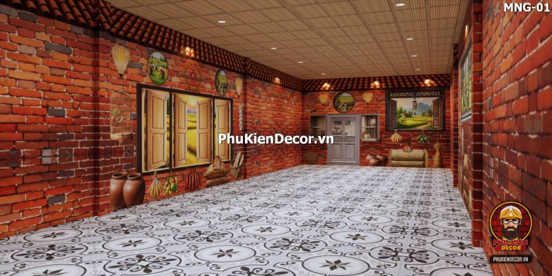 Mẫu thiết kế quán ăn dân dã sử dụng tranh dán tường vách đất đá Mẫu thiết kế quán ăn dân dã sử dụng tranh dán tường vách đất đá