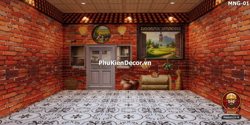 Mẫu thiết kế quán ăn dân dã sử dụng tranh dán tường vách đất đá Mẫu thiết kế quán ăn dân dã sử dụng tranh dán tường vách đất đá