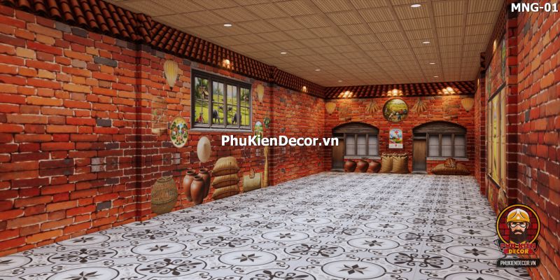 Mẫu thiết kế quán ăn dân dã sử dụng tranh dán tường vách đất đá Mẫu thiết kế quán ăn dân dã sử dụng tranh dán tường vách đất đá