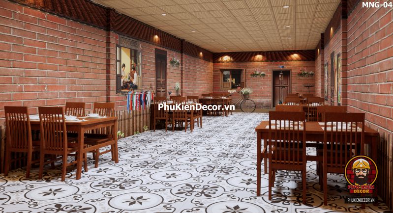 Tranh dán tường nền gạch trang trí quán ăn làng quê