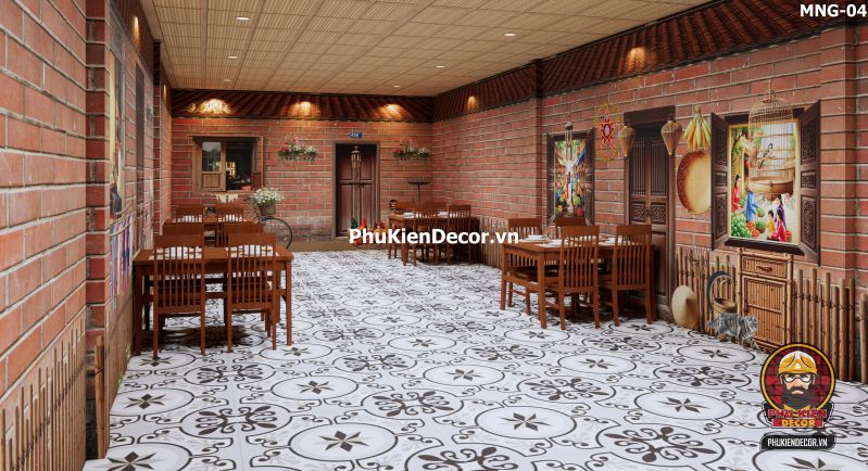 Tranh dán tường nền gạch trang trí quán ăn làng quê