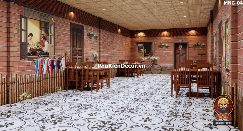 Không gian quán cà phê vintage với nền gạch bông Không gian quán cà phê vintage với nền gạch bông