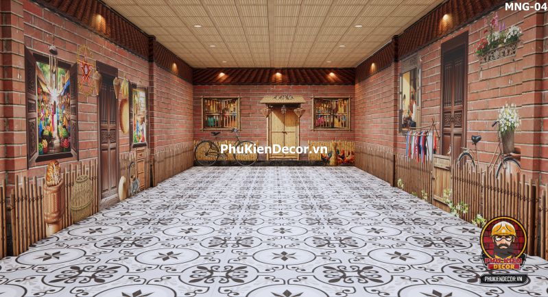 Không gian quán cà phê vintage với nền gạch bông Không gian quán cà phê vintage với nền gạch bông