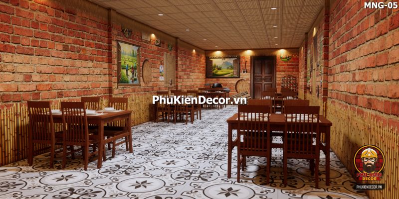 Góc quán cà phê làng quê xưa với tranh dán tường nền gạch giả cổ Góc quán cà phê làng quê xưa với tranh dán tường nền gạch giả cổ