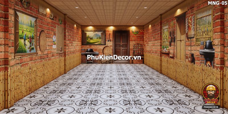 Góc quán cà phê làng quê xưa với tranh dán tường nền gạch giả cổ Góc quán cà phê làng quê xưa với tranh dán tường nền gạch giả cổ