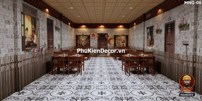 Tranh dán tường nền gạch trang trí quán ăn làng quê Tranh dán tường nền gạch trang trí quán ăn làng quê