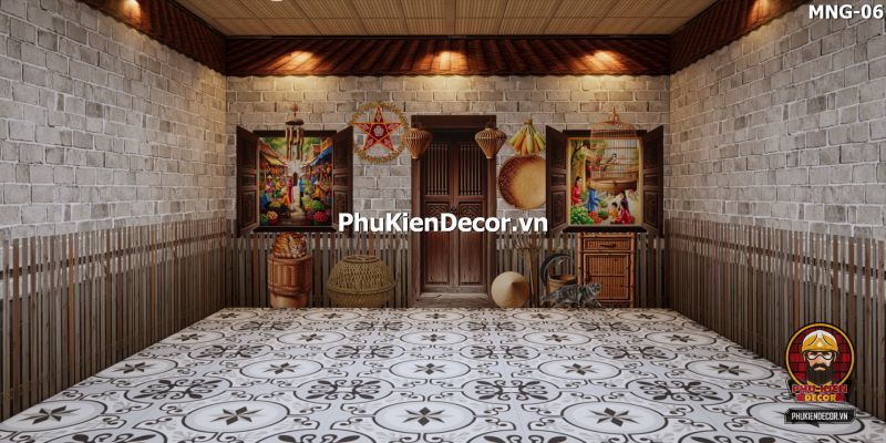 Góc quán cà phê làng quê xưa với tranh dán tường nền gạch giả cổ Góc quán cà phê làng quê xưa với tranh dán tường nền gạch giả cổ