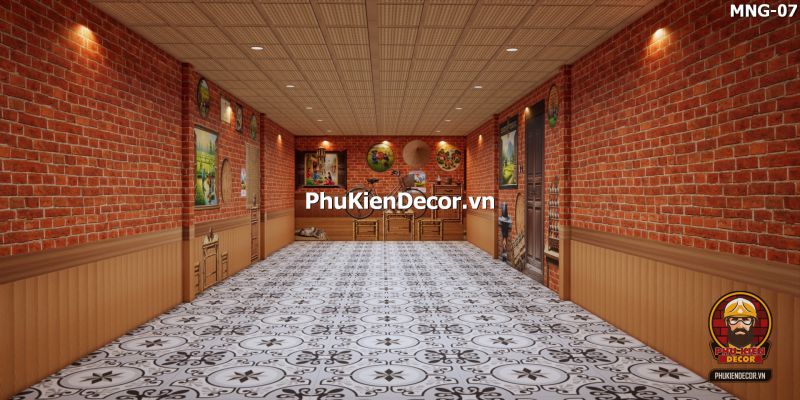 Góc quán cà phê làng quê xưa với tranh dán tường nền gạch giả cổ Góc quán cà phê làng quê xưa với tranh dán tường nền gạch giả cổ