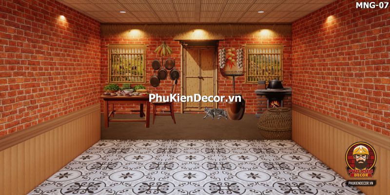 Góc quán cà phê làng quê xưa với tranh dán tường nền gạch giả cổ Góc quán cà phê làng quê xưa với tranh dán tường nền gạch giả cổ