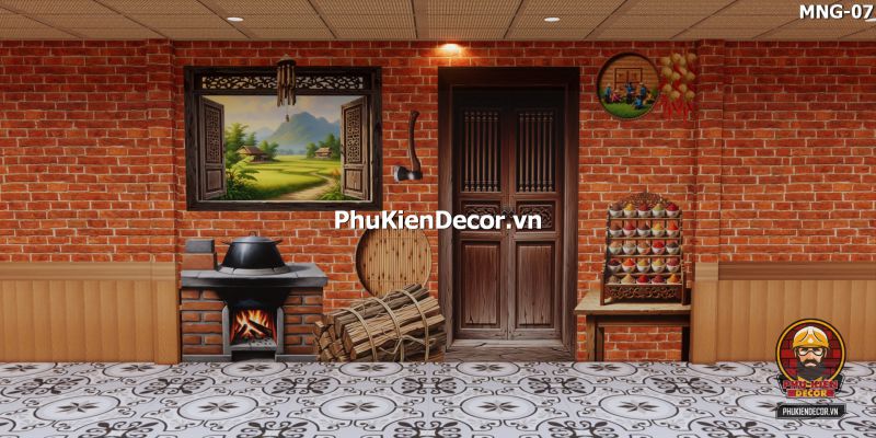 Tranh dán tường nền gạch trang trí quán ăn làng quê Tranh dán tường nền gạch trang trí quán ăn làng quê