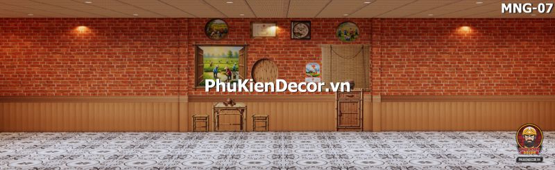 Góc quán cà phê làng quê xưa với tranh dán tường nền gạch giả cổ Góc quán cà phê làng quê xưa với tranh dán tường nền gạch giả cổ