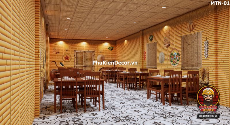 Tranh dán tường 3D tre vàng trang trí quán ăn, nhà hàng Tranh dán tường 3D tre vàng trang trí quán ăn, nhà hàng