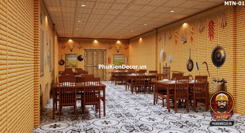 Tranh dán tường 3D tre vàng trang trí quán ăn, nhà hàng Tranh dán tường 3D tre vàng trang trí quán ăn, nhà hàng