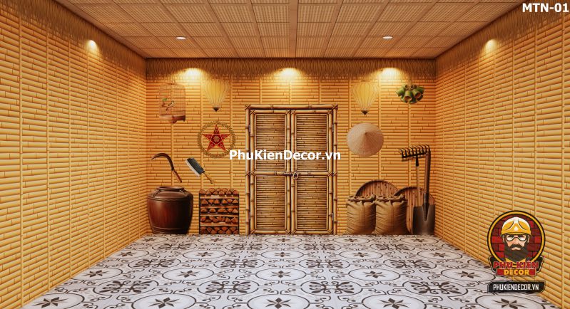 Tranh dán tường 3D tre vàng trang trí quán ăn, nhà hàng Tranh dán tường 3D tre vàng trang trí quán ăn, nhà hàng