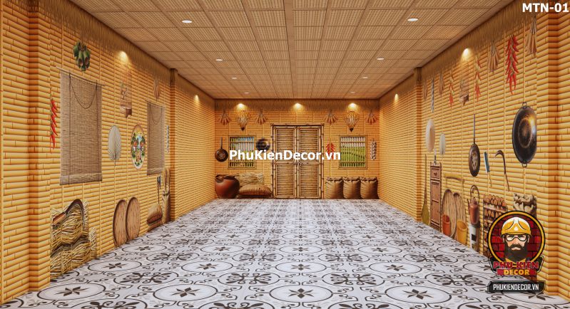 Tranh dán tường 3D tre vàng trang trí quán ăn, nhà hàng Tranh dán tường 3D tre vàng trang trí quán ăn, nhà hàng