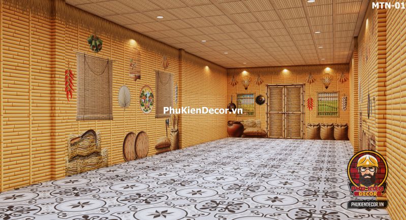 Tranh dán tường 3D tre vàng trang trí quán ăn, nhà hàng Tranh dán tường 3D tre vàng trang trí quán ăn, nhà hàng